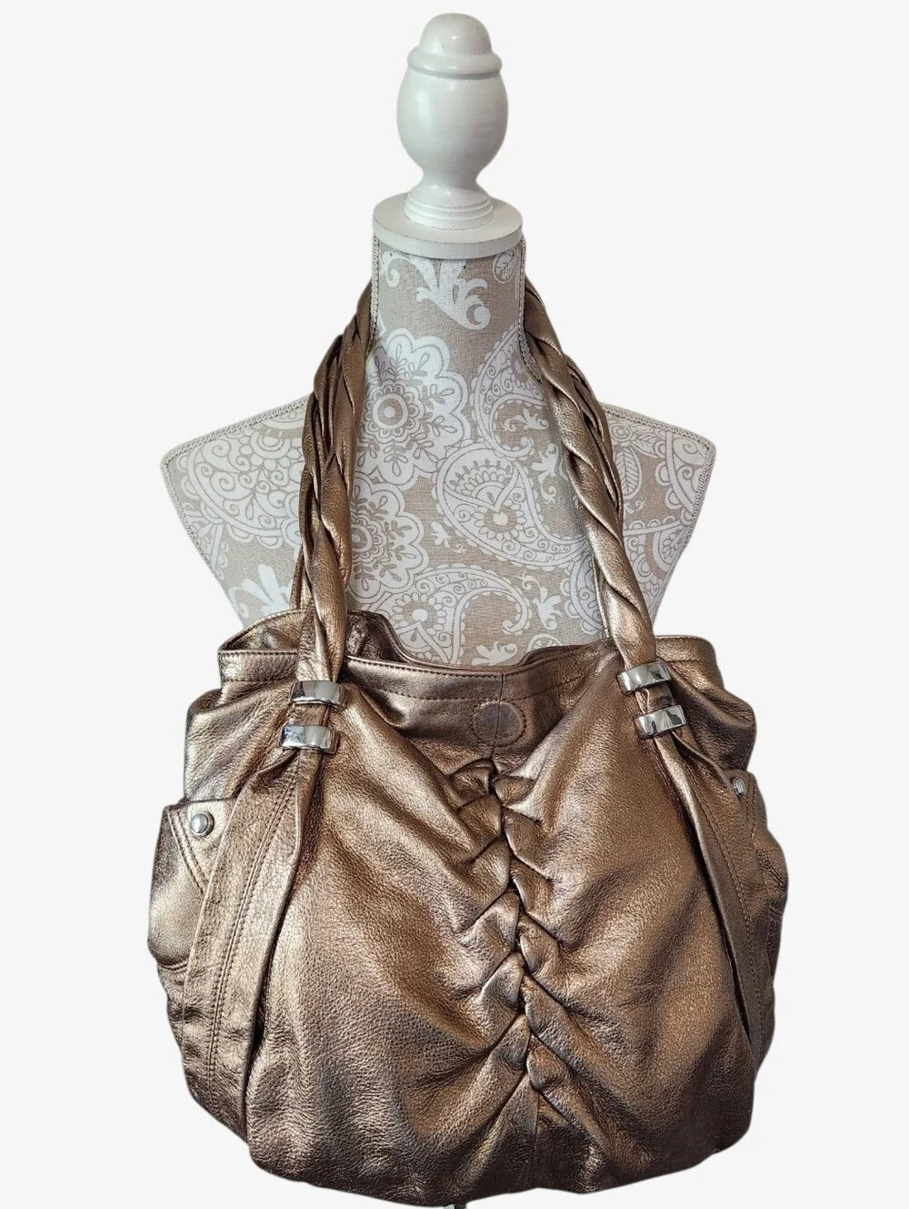 B. Makowsky Leather Gold Bronze Metallic Hobo Shoulder Bag